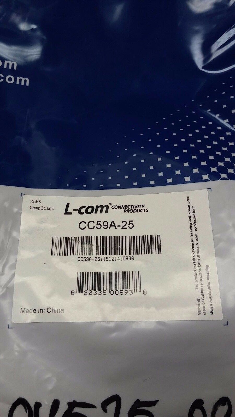 L-COM CC59A-25 BNC Male Male 25 ft RG59A Coaxial Cable - Fresh Stock Dated December 2025