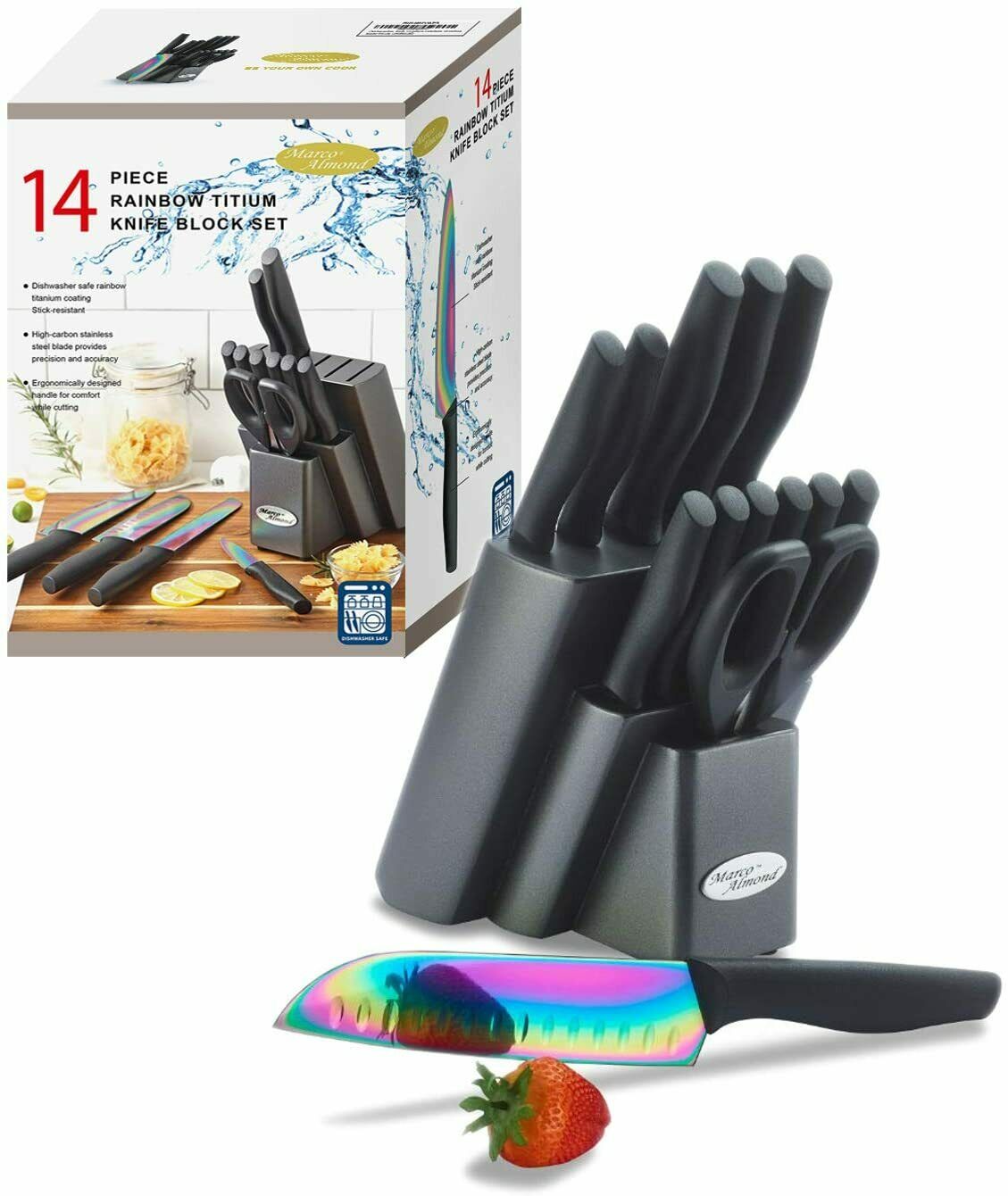 Rainbow Titanium Knife Block Set, kitchen Knives Set with Block, Kitchen Scissor - Fresh Stock Dated January 2026