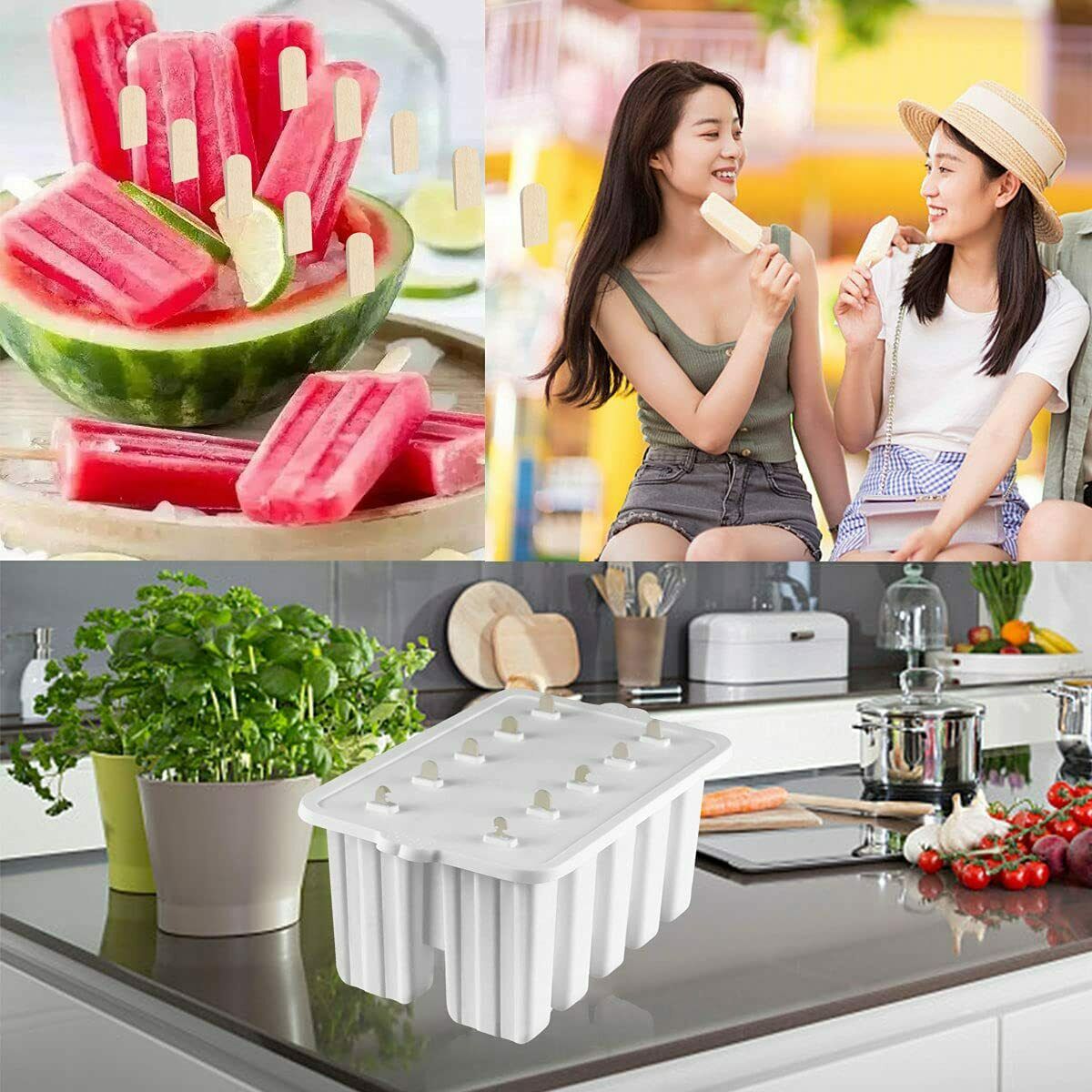 10-Cell Reusable Silicone Ice Pop Molds Easy Release Popsicle Maker w/50 Sticks - Fresh Stock Dated January 2026