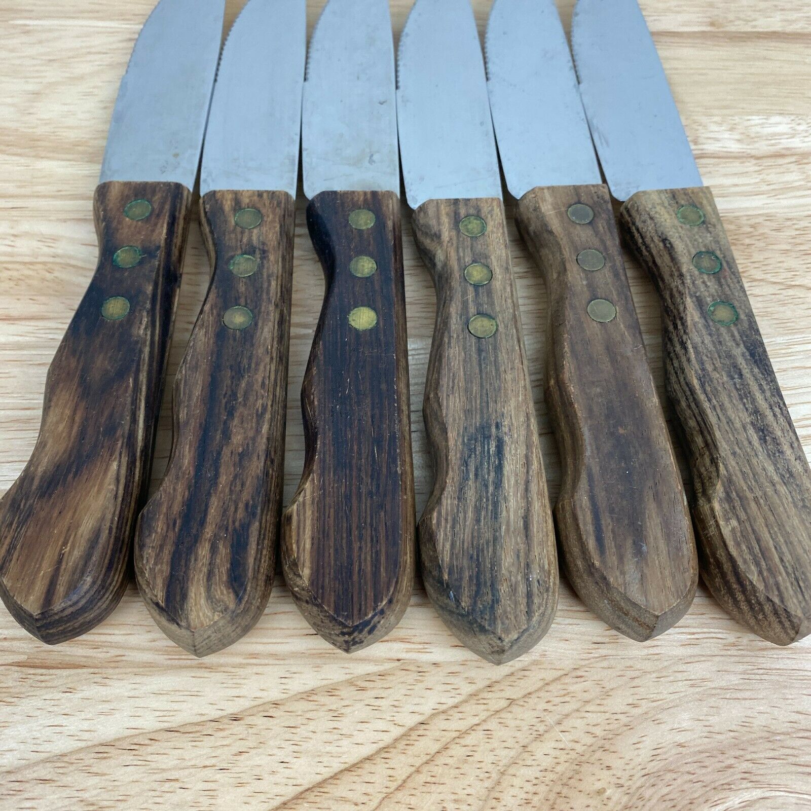 Vintage Set of 6 Robinson Stainless Steel Steak Knives Serrated Wood - Fresh Stock Dated February 2026