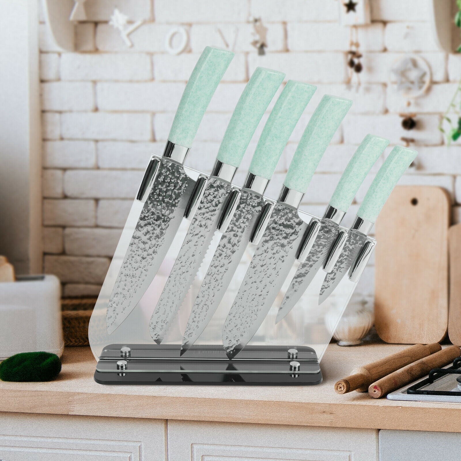 7PC Knife Set Stainless Steel Non-Stick Kitchen Chef Knives Set w/ Acrylic Stand - Fresh Stock Dated February 2026