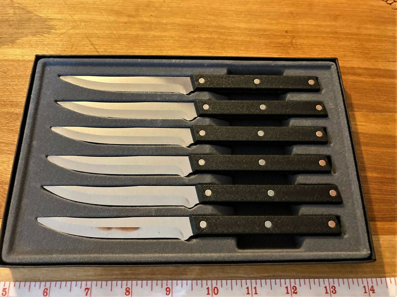 Vintage Rada Cutlery Steak Knives Stainless Steel W/ 3 Rivet Black Alum. Handles - Fresh Stock Dated January 2026