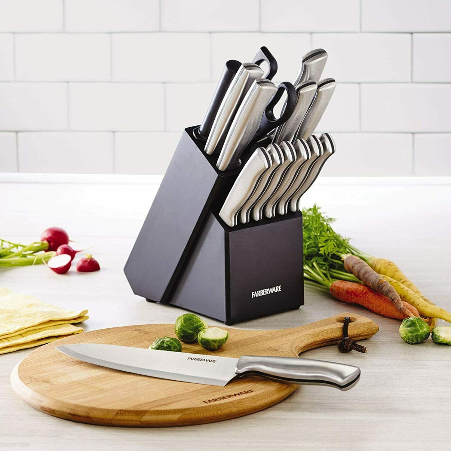 FARBERWARE STAMPED 15-PIECE HIGH-CARBON STAINLESS STEEL KNIFE BLOCK SET - Fresh Stock Dated January 2026