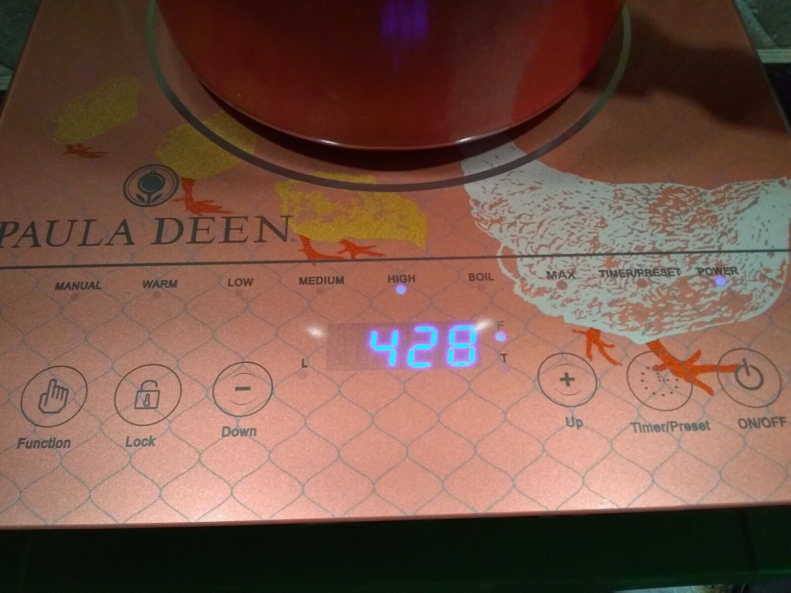 NEW Paula Deen 1500W LED Colored Glass Programmable Induction Cooker Hen Chicks - Fresh Stock Dated February 2026