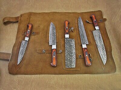 5 piece Kitchen knife set, Hand forged hammered Damascus steel Orange Black - Fresh Stock Dated January 2026