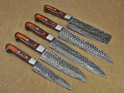 5 piece Kitchen knife set, Hand forged hammered Damascus steel Orange Black - Fresh Stock Dated January 2026