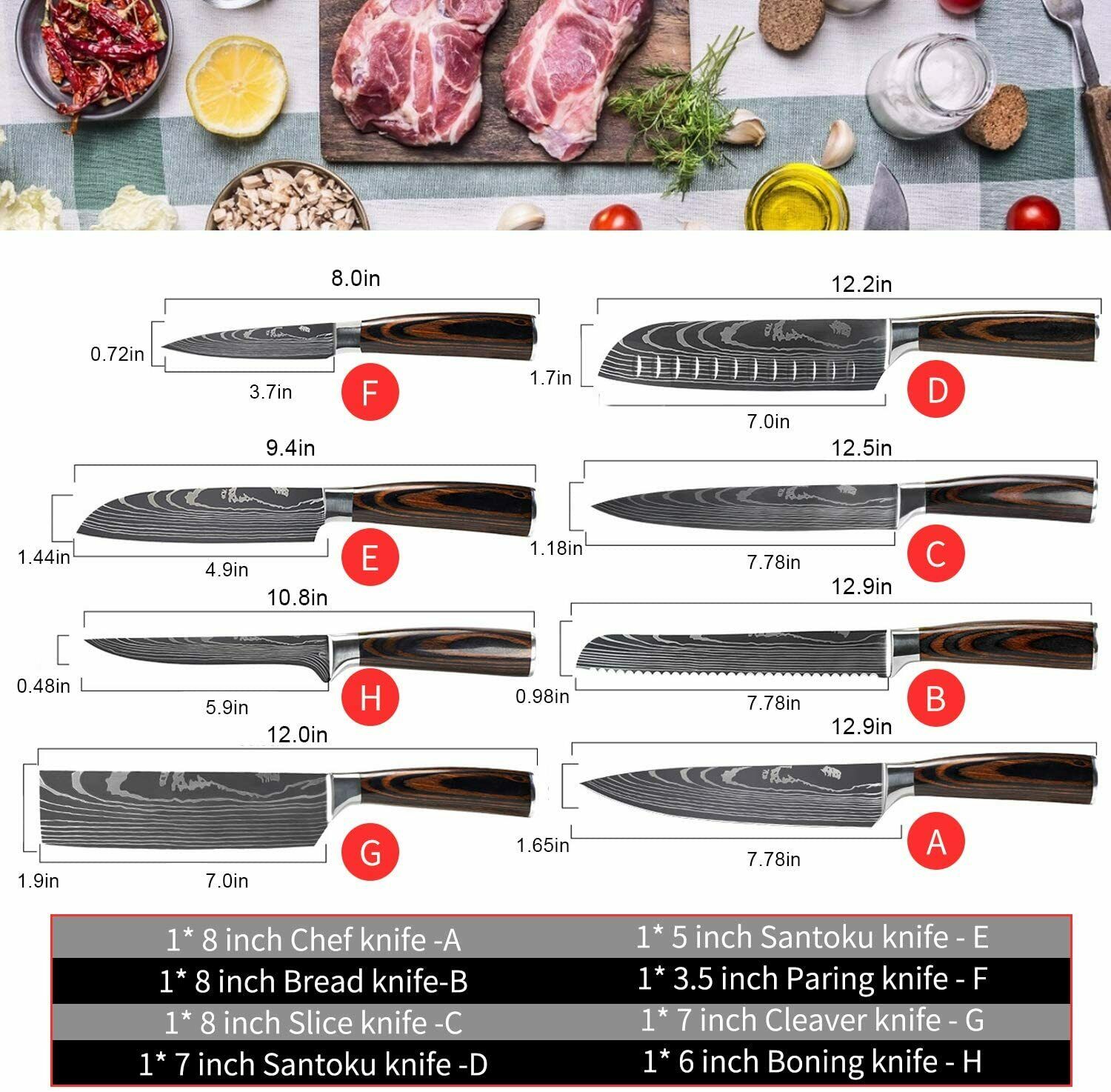 Stainless 8 Pcs Professional Knives Set Damascus Chef's Style Knife Kitchen Tool - Fresh Stock Dated January 2026