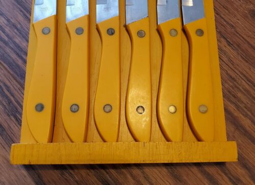 Vintage Retro Orange 6pc Steak Knife Set W/ Wall Mount Holder - Fresh Stock Dated January 2026