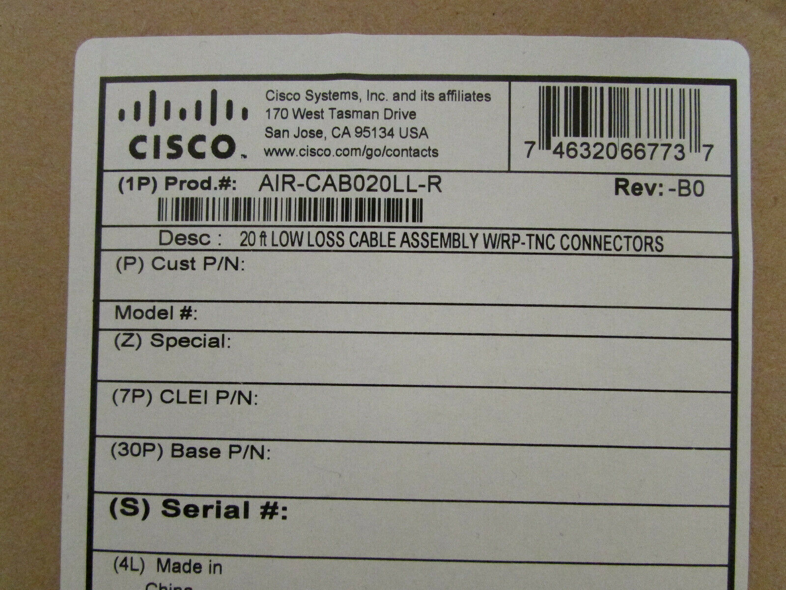 CISCO AIR-CAB005LL-R 20ft LOW-LOSS 2.4GHZ RF CABLE RP-TNC Connectors New - Fresh Stock Dated December 2025