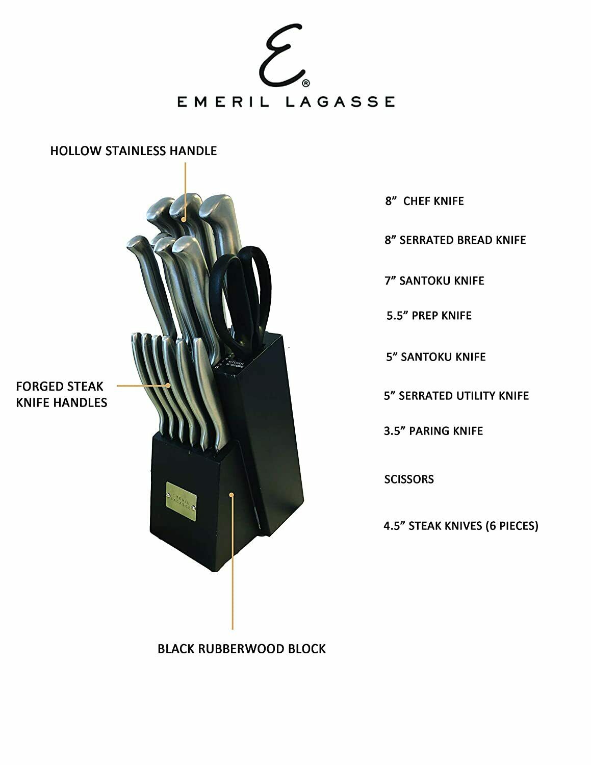 Emeril Lagasse 15-Piece Kitchen Knife Block Set Black Stainless Steel Cutlery - Fresh Stock Dated January 2026