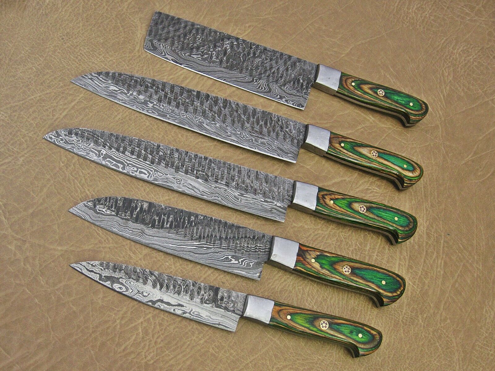 Hand forged hammered Damascus steel 5 piece Kitchen knife set, 2 tone Green - Fresh Stock Dated February 2026