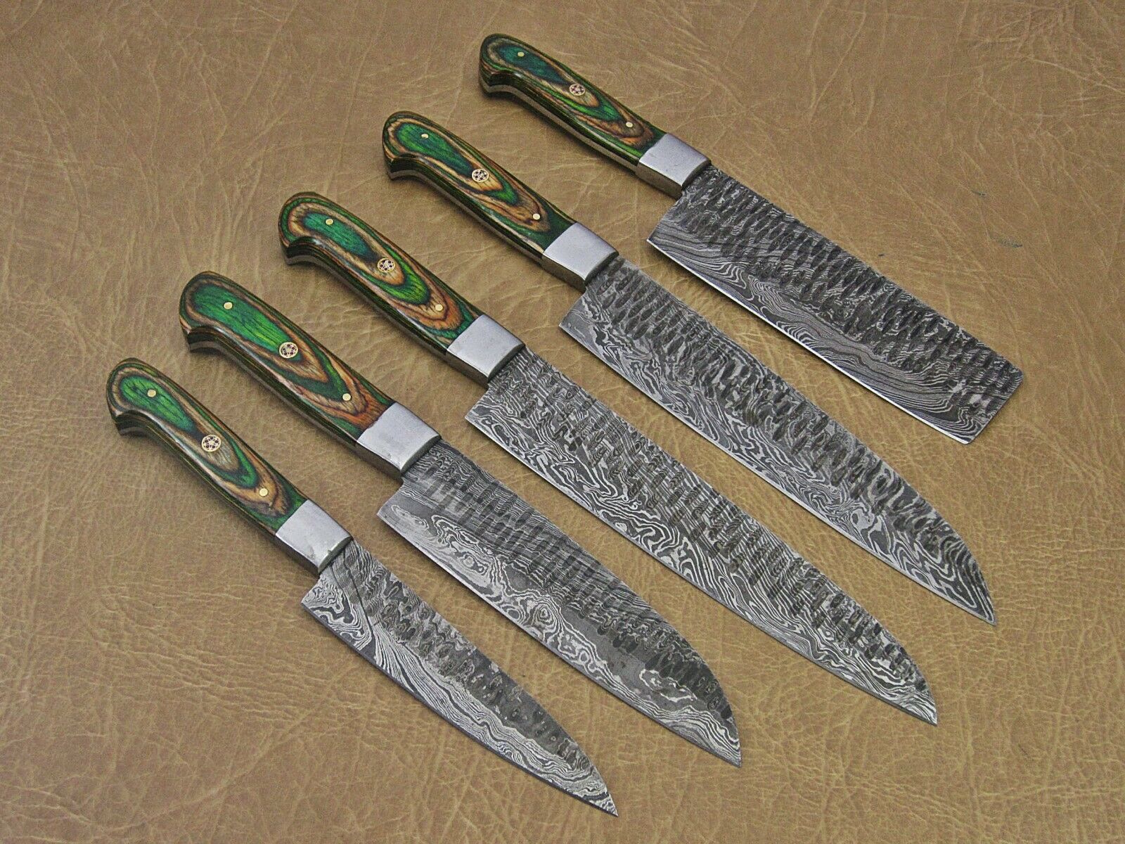 Hand forged hammered Damascus steel 5 piece Kitchen knife set, 2 tone Green - Fresh Stock Dated February 2026