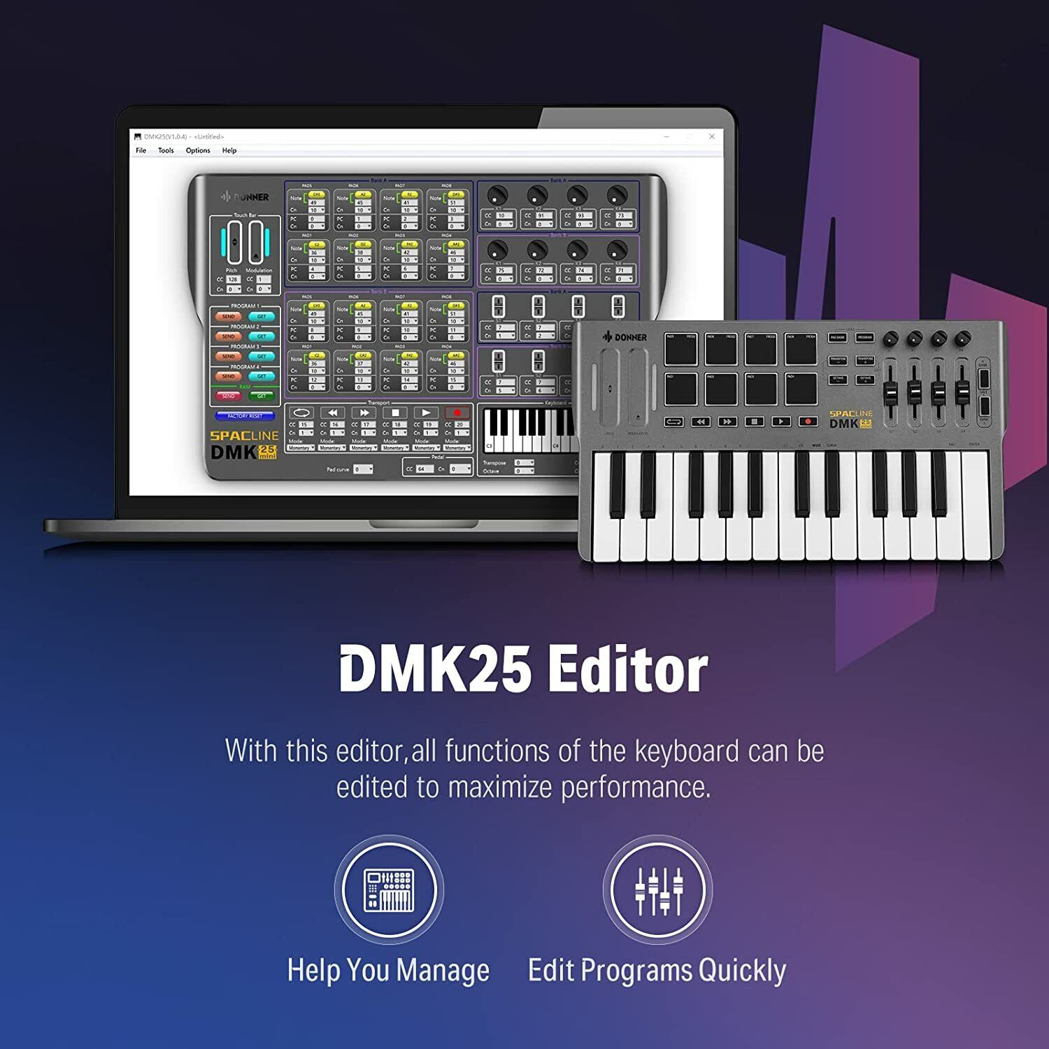 Donner 25-Key MIDI Keyboard Controller Portable w/ 8 Drum Pad 4 Knobs 4 Faders - Fresh Stock Dated December 2025