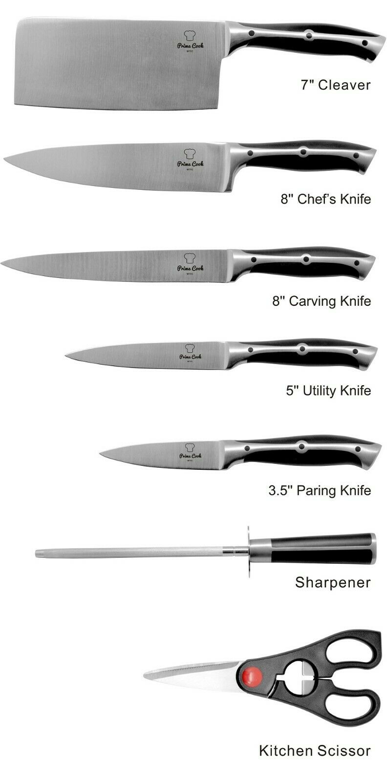 8 Pieces Kitchen Knife Set/Stainless Steel/BLACK/Cleaver by Prime Cook - Fresh Stock Dated January 2026