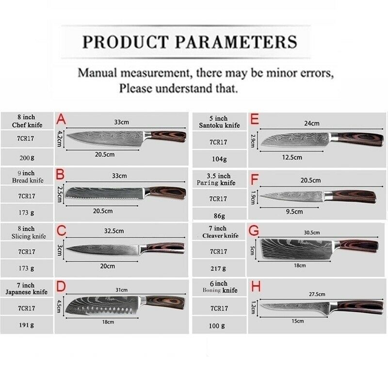 Kitchen Chef Knife Set 8 Pcs Stainless Steel Damascus Pattern Sharp Cleaver Gift - Fresh Stock Dated January 2026