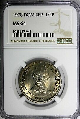 Dominican Republic Copper-Nickel 1978 1/2 Peso NGC MS64 Mintage-296,000 KM#52(3) - Fresh Stock Dated December 2025