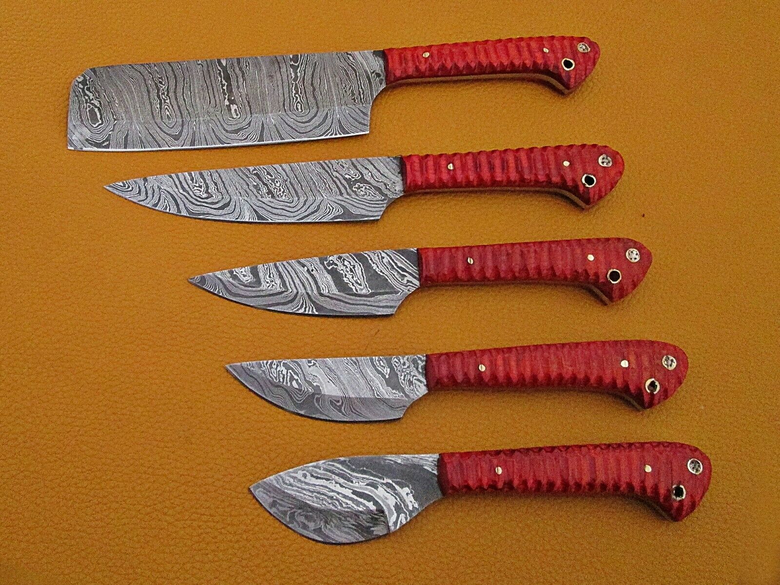 5 piece Kitchen knife set, Chef, cleaver, Red color Jigged scale, Suede Roll bag - Fresh Stock Dated February 2026
