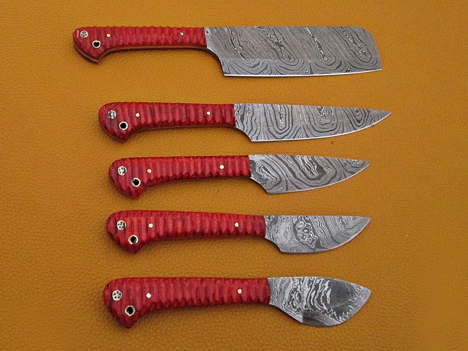5 piece Kitchen knife set, Chef, cleaver, Red color Jigged scale, Suede Roll bag - Fresh Stock Dated February 2026