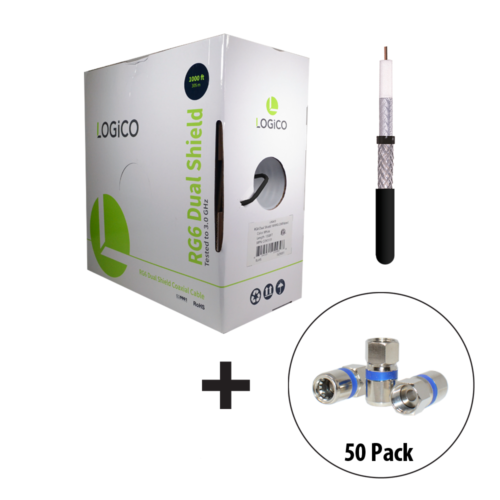 RG6 Coaxial Cable Dual Shield 1000FT Black + 50F-Type Compression Connectors Kit - Fresh Stock Dated December 2025