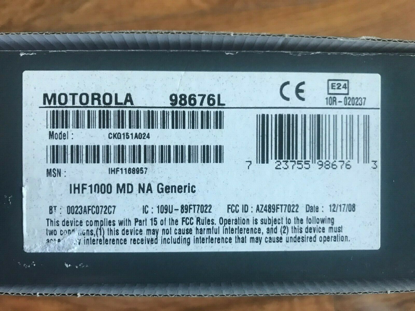 Motorola Bluetooth Car kit IHF1000 MD NA Generic CKG151A024 98676L New - Fresh Stock Dated December 2025