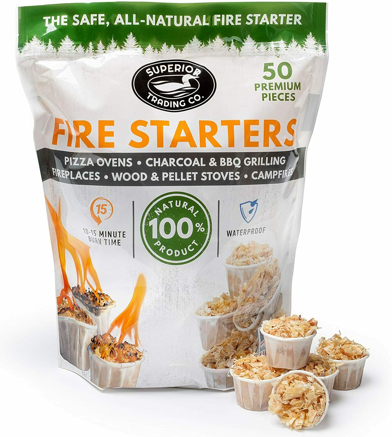 Natural Fire Starter 50 Pods Durable Bag Burn BBQ Campfire Outdoor Waterproof - Fresh Stock Dated December 2025