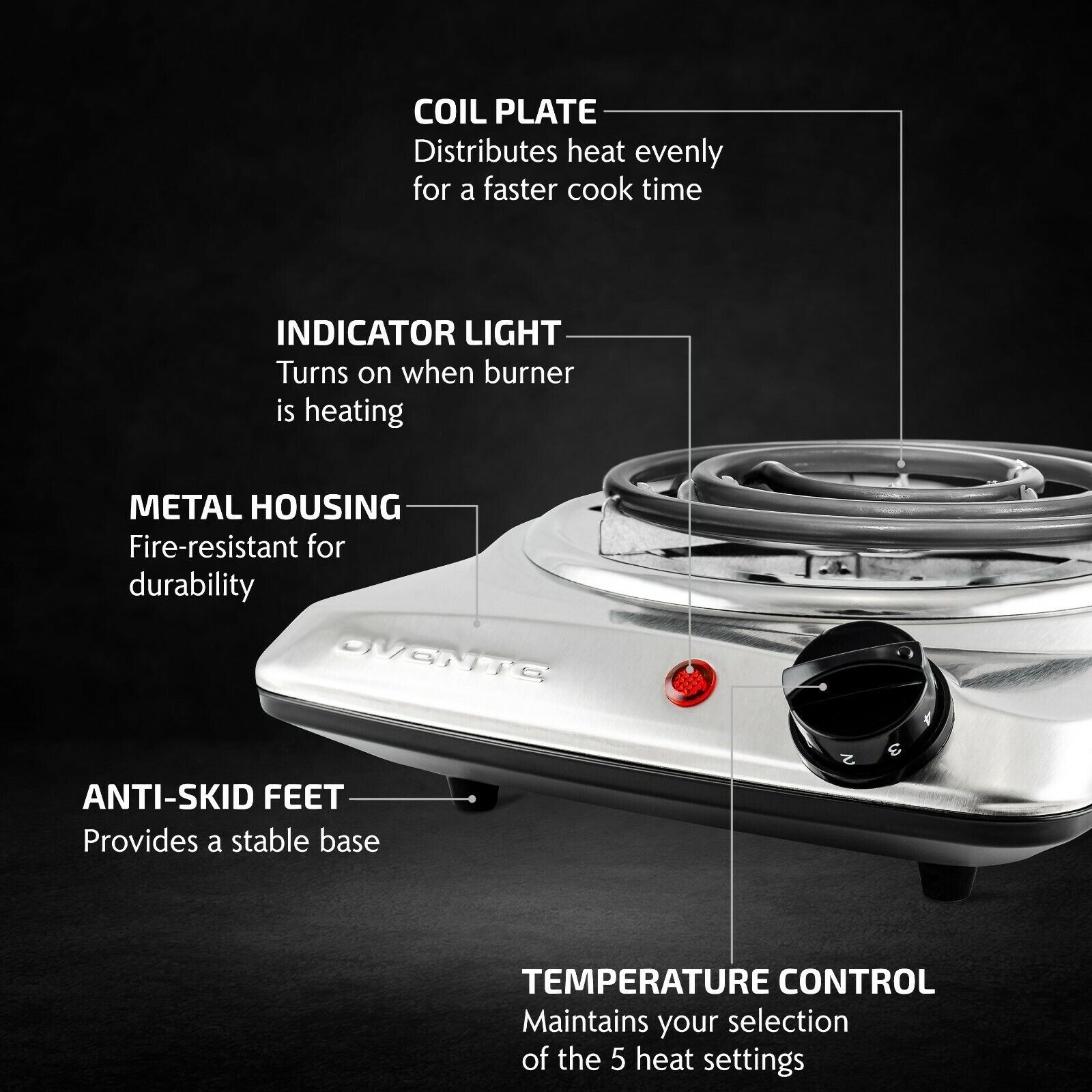 Ovente Electric Single Coil Burner 6 Inch Hot Plate Cooktop 1000W Silver BGC101S - Fresh Stock Dated February 2026