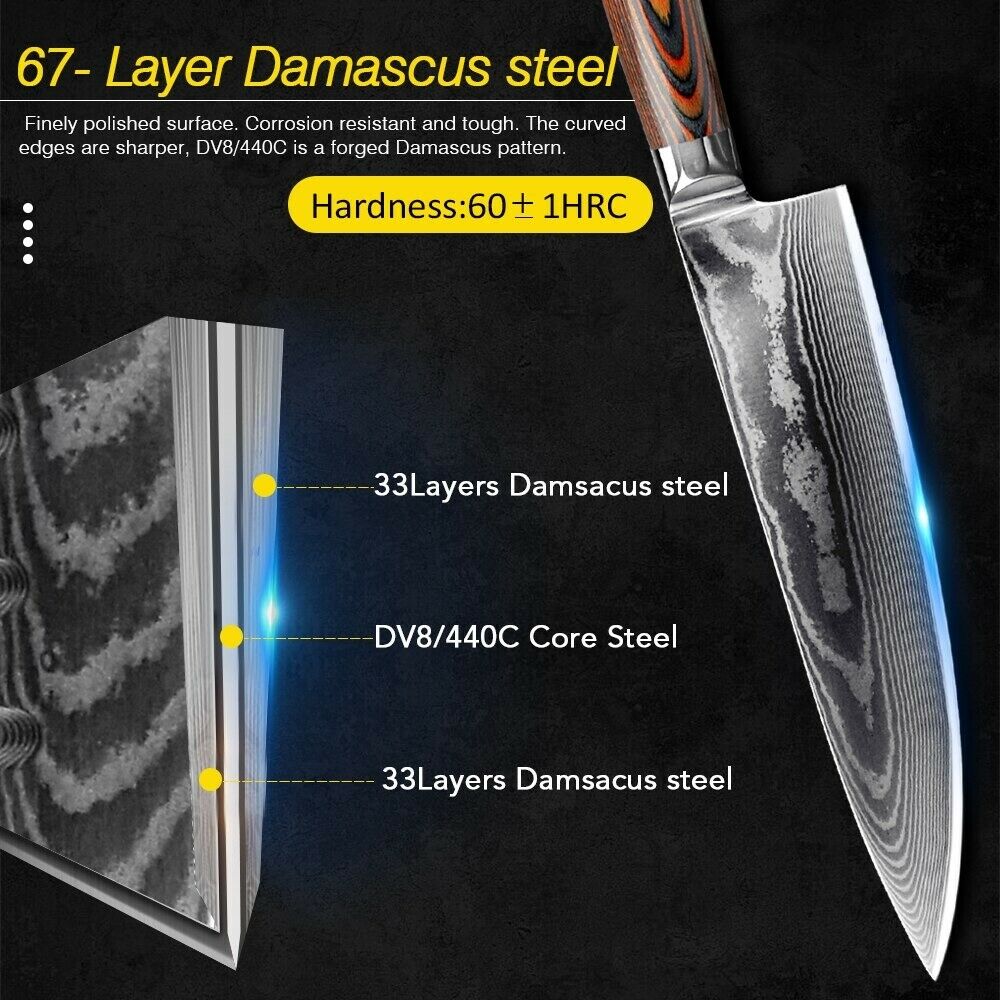Kitchen Damascus Steel Chef Knife Set Handmade VG10 67 Layers Knives Wood Handle - Fresh Stock Dated January 2026
