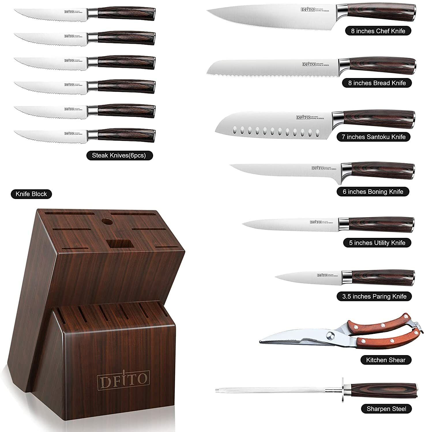 Kitchen Knife Block Set Cutlery Steak Knives German Stainless Steel Sharpener US - Fresh Stock Dated February 2026