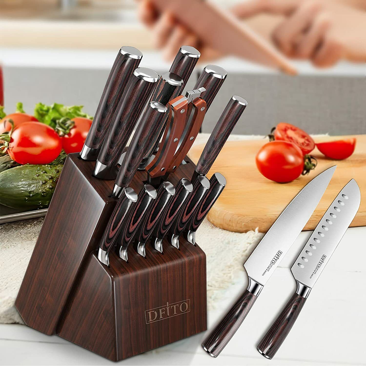 Kitchen Knife Block Set Cutlery Steak Knives German Stainless Steel Sharpener US - Fresh Stock Dated February 2026