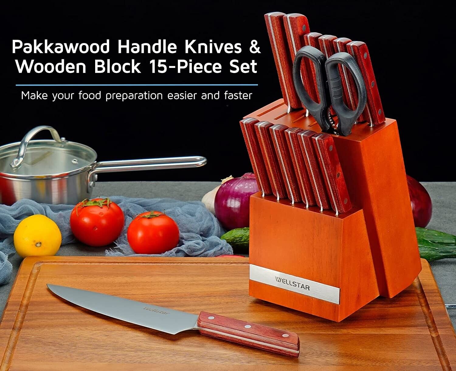 Knife Set, 15-Piece Kitchen Knife Set with Block Wooden German Stainless Steel - Fresh Stock Dated February 2026