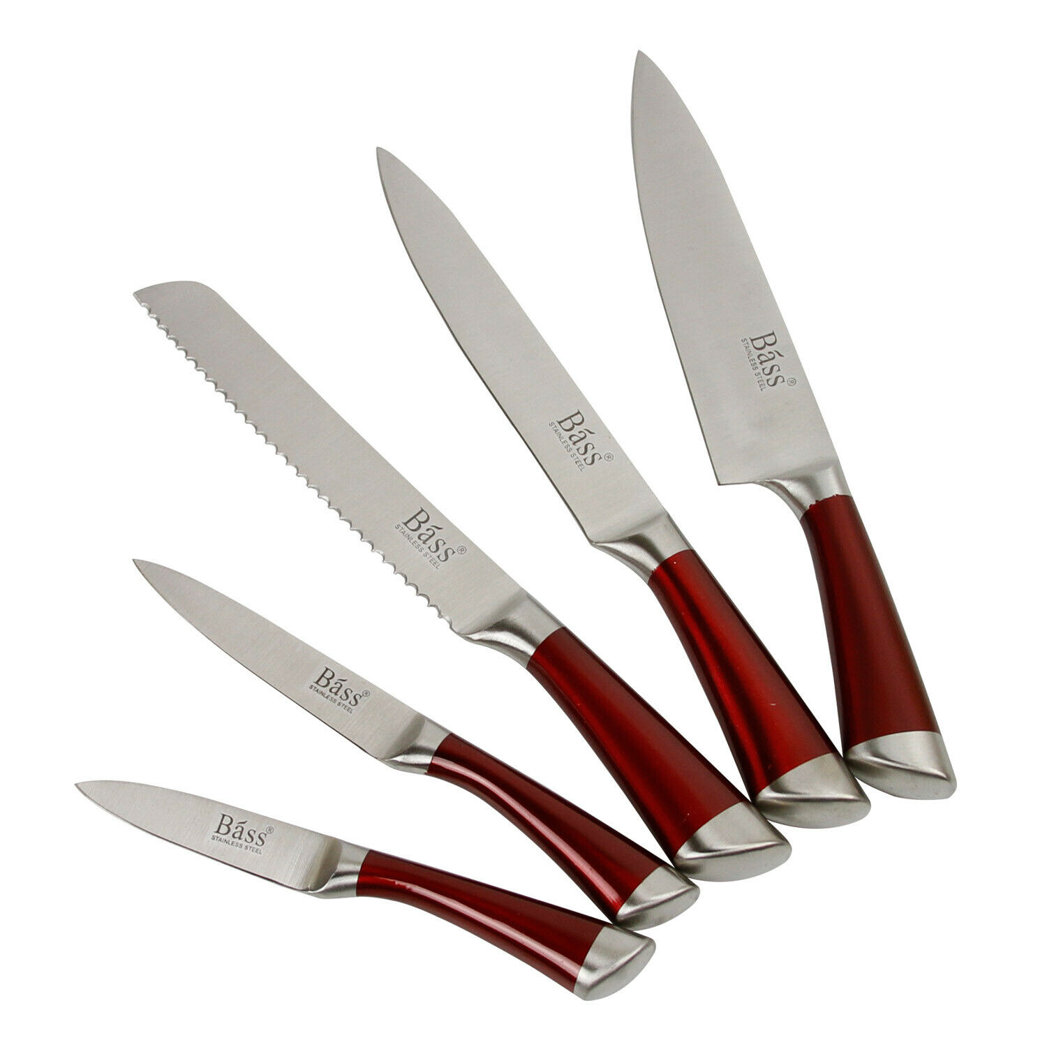 Evelyne 5 pcs Chef Cutlery Stainless Steel Kitchen Knife Block Set Red Handle - Fresh Stock Dated January 2026