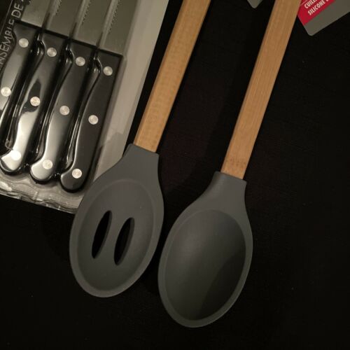 NEW 8 Stainless Steel Steak Knives & Silicone Bamboo Spoons Kitchen Mixed Lot - Fresh Stock Dated January 2026
