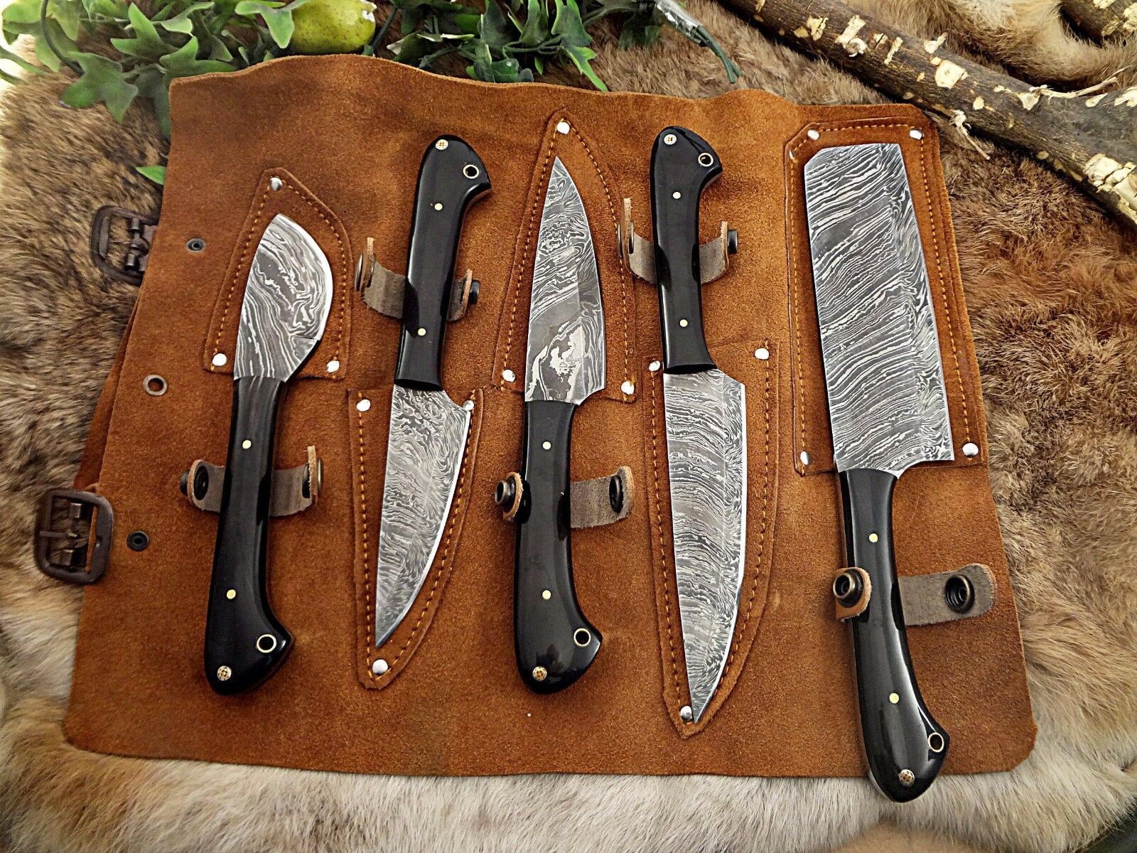 5 piece Kitchen knife set, full tang hand forged Damascus steel, Leather sheath - Fresh Stock Dated February 2026