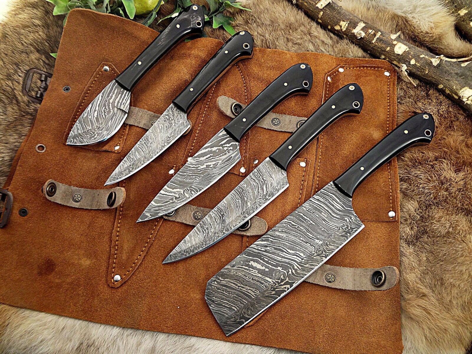 5 piece Kitchen knife set, full tang hand forged Damascus steel, Leather sheath - Fresh Stock Dated February 2026