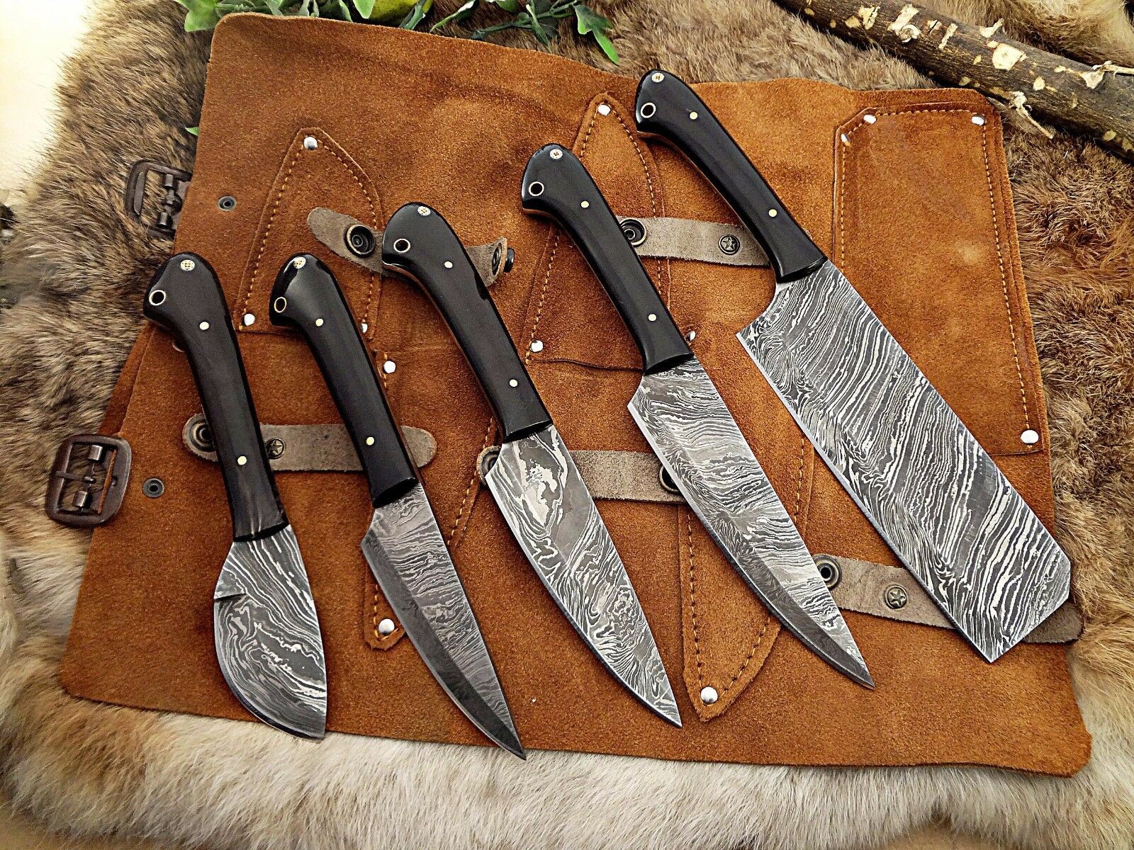 5 piece Kitchen knife set, full tang hand forged Damascus steel, Leather sheath - Fresh Stock Dated February 2026