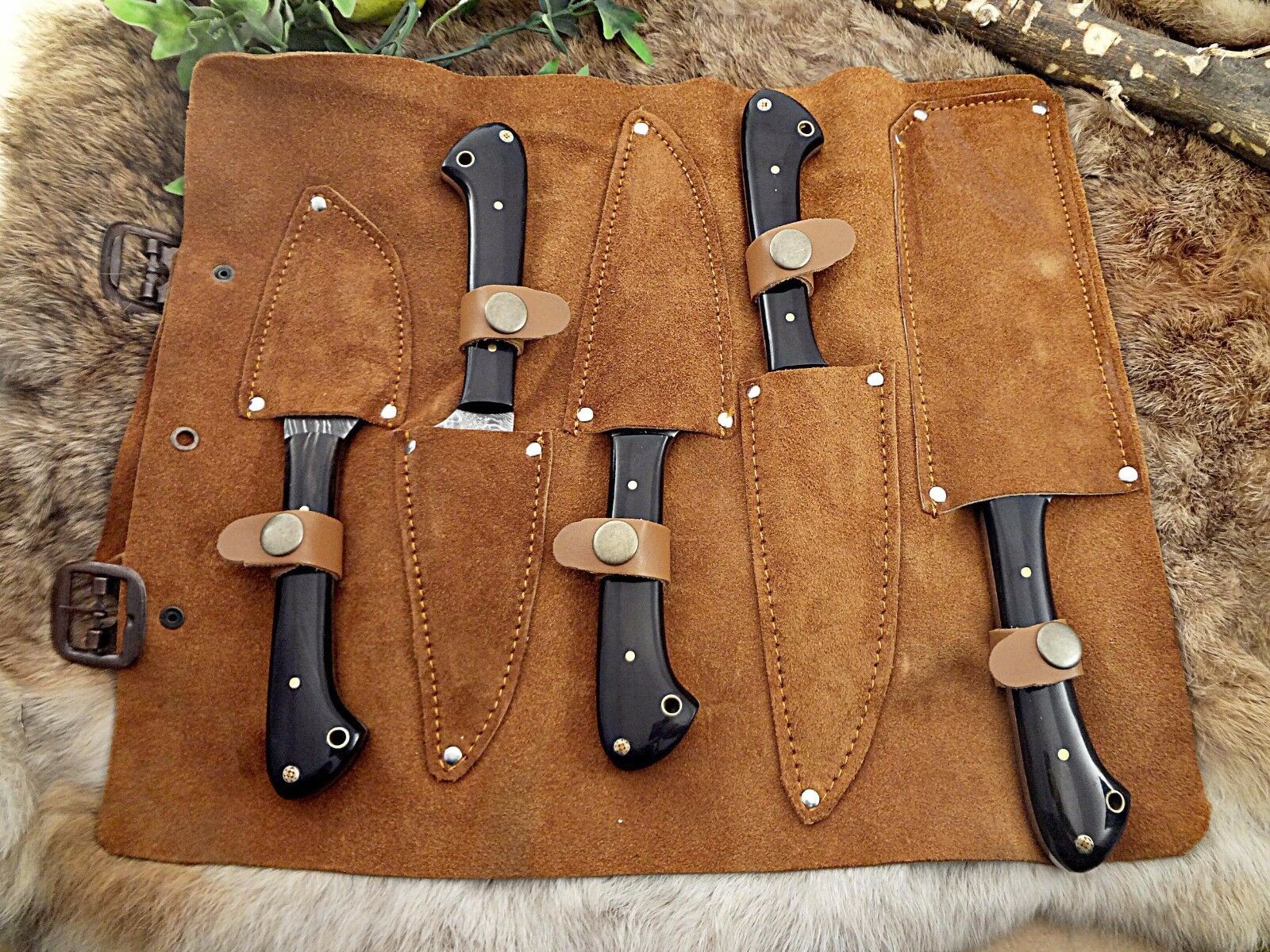 5 piece Kitchen knife set, full tang hand forged Damascus steel, Leather sheath - Fresh Stock Dated February 2026