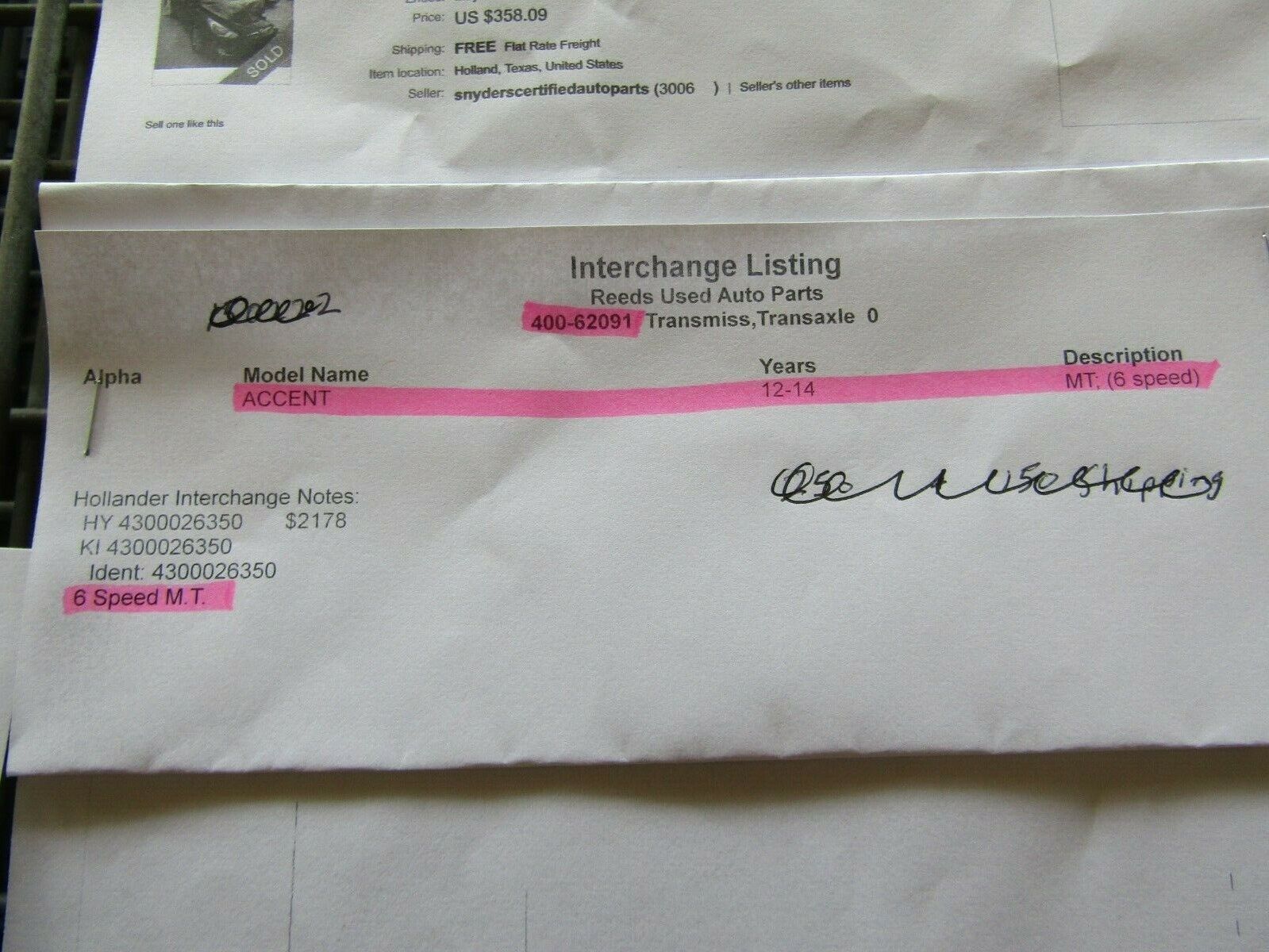 Manual Transmission 6 SPEED : fits 12-14 accent 150222, 400-62091 - Fresh Stock Dated December 2025