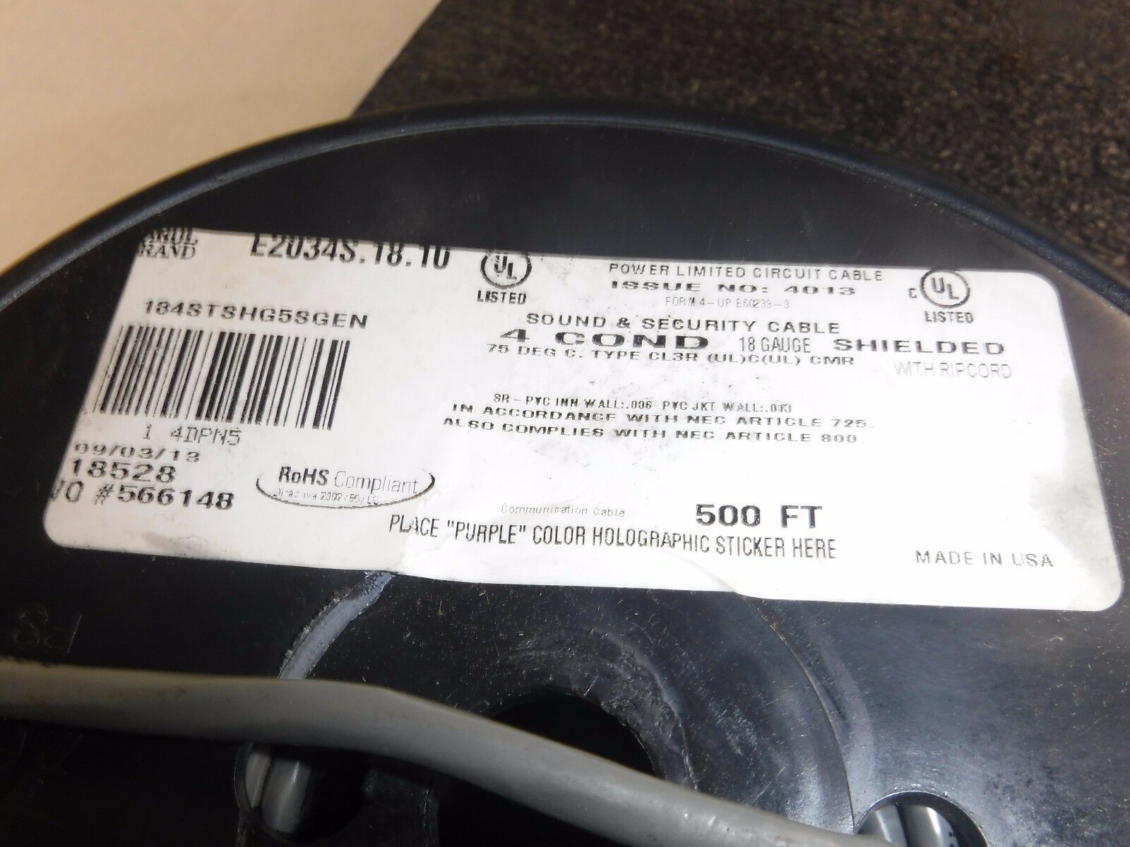 E2034S.18.10 Wire, Shielded, Riser, 18/4, 500 Ft, Gray(P) - Fresh Stock Dated December 2025