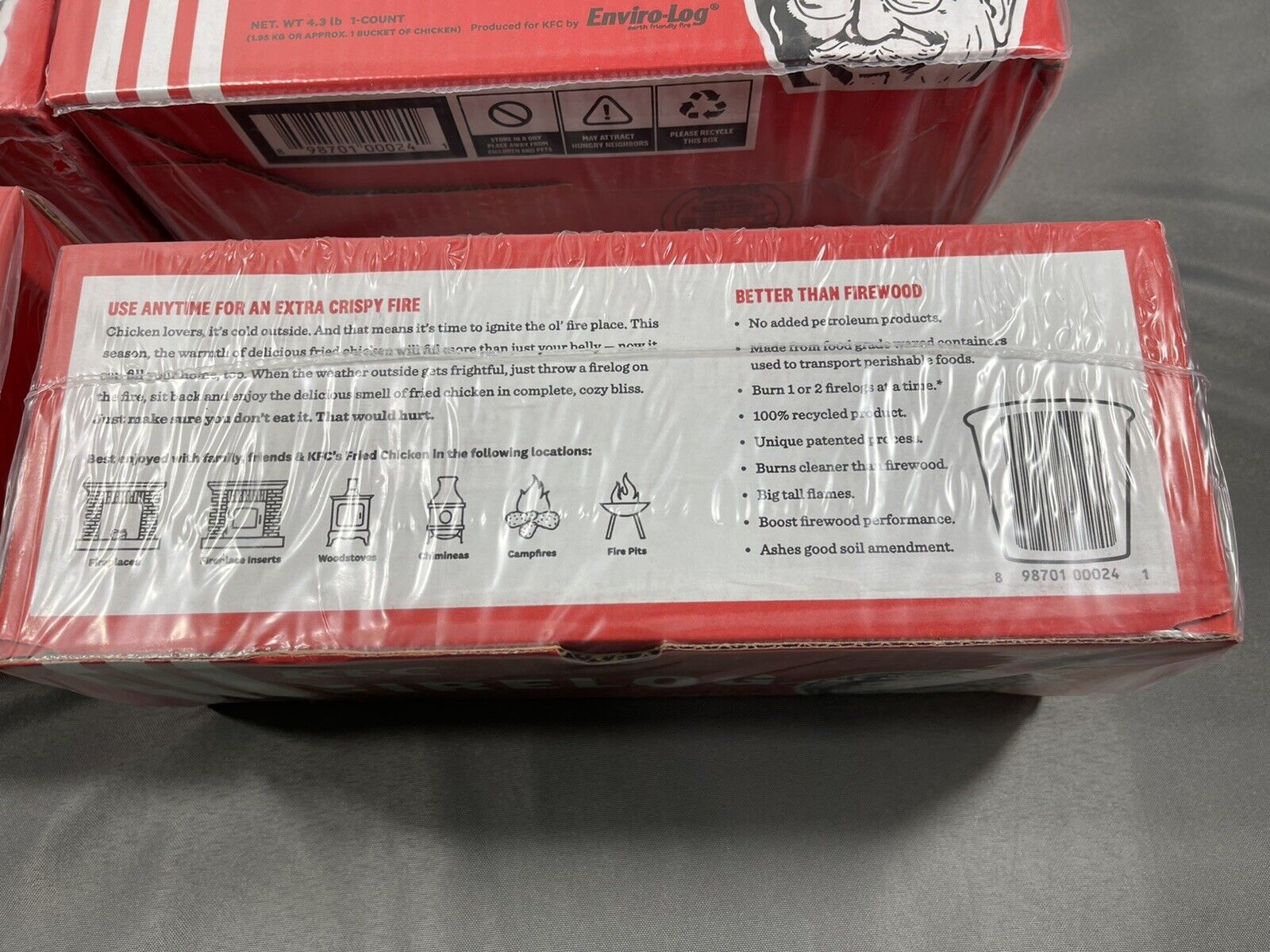 4 KFC FIRE LOGS ENVIROLOG NEW in Box Kentucky Fried Chicken 11 Herbs and Spices - Fresh Stock Dated January 2026