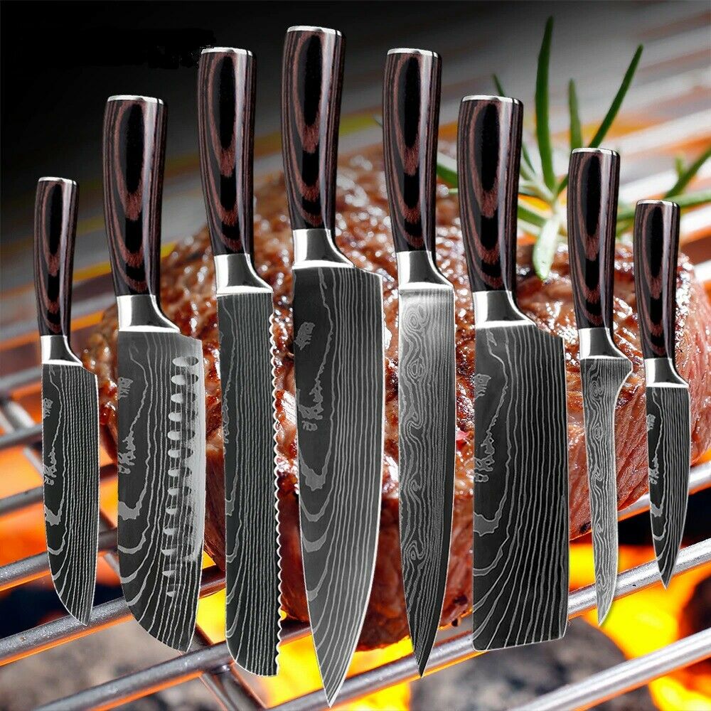 8 Piece Kitchen Knives Set Japanese Damascus Style Stainless Steel Chef Knife - Fresh Stock Dated January 2026