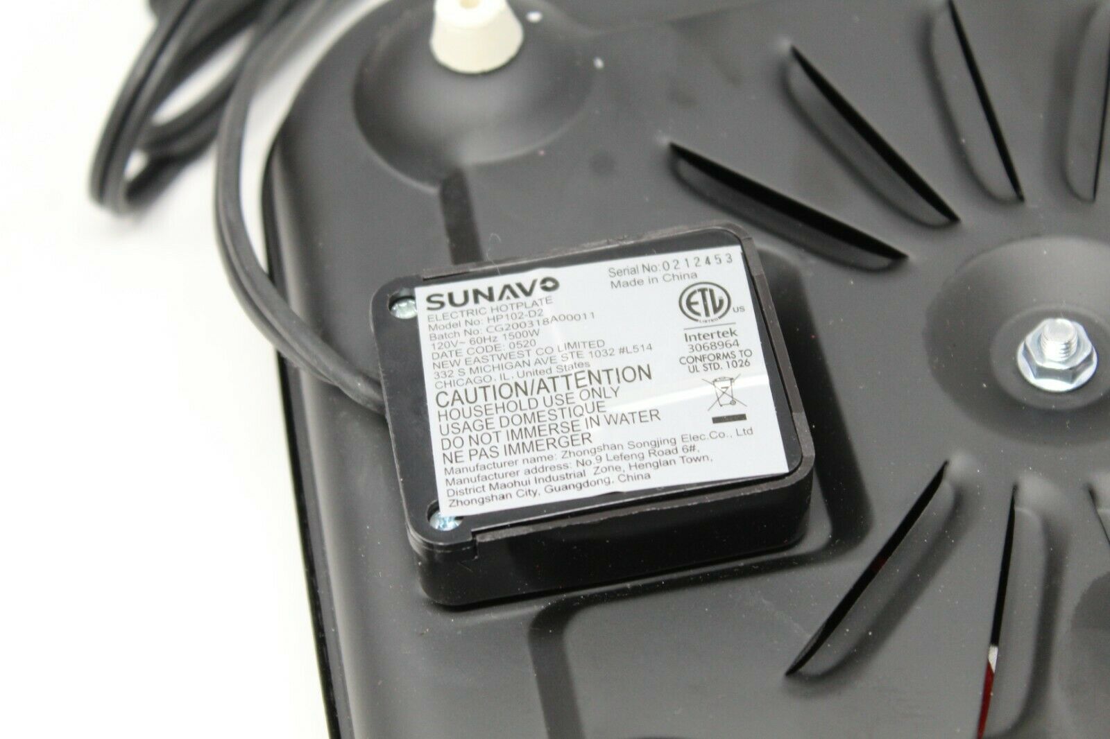 Sunavo 1500W Single Burner Hot Plate  HP102-D2 - Fresh Stock Dated February 2026