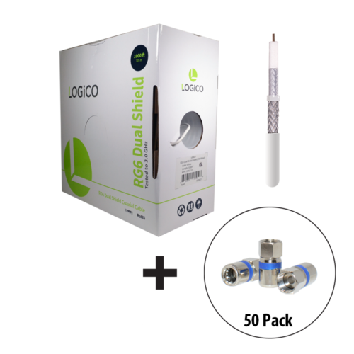 RG6 Coaxial Cable Dual Shield 1000FT White + 50xF-Type Compression Connector Kit - Fresh Stock Dated December 2025