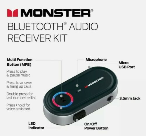 Monster Bluetooth Receiver to 3.5mm Audio Jack - Stream Bluetooth to Any Device - Fresh Stock Dated December 2025