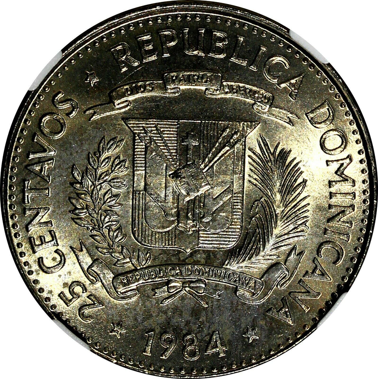 DOMINICAN REPUBLIC 1984 25 Centavos NGC MS64 Mirabal Sisters Toned KM# 61.1 (53) - Fresh Stock Dated December 2025