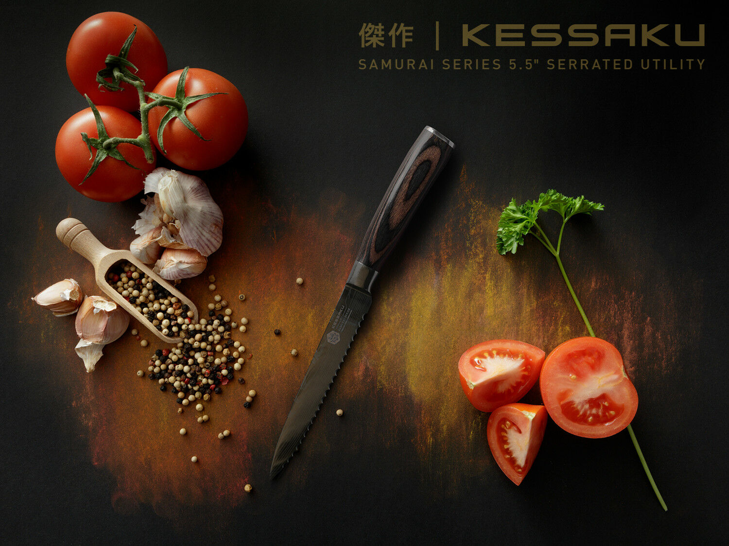 Kessaku 5.5-Inch Serrated Utility Knife - Samurai Series - HC 7Cr17MoV Steel - Fresh Stock Dated February 2026