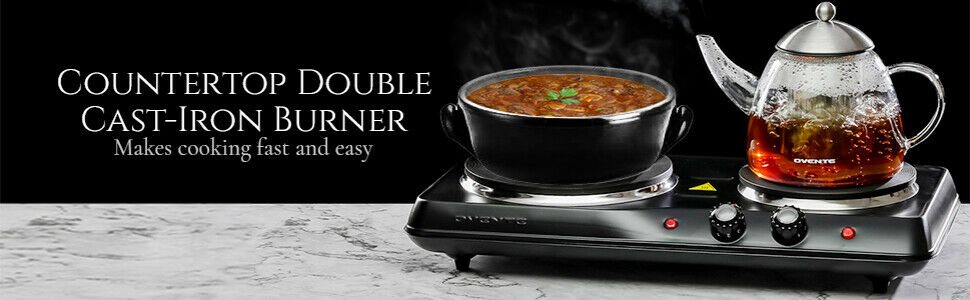 1700W Double Hot Plate Electric Countertop Cast Iron Burner, with 6 & 7 Inch Pla - Fresh Stock Dated January 2026