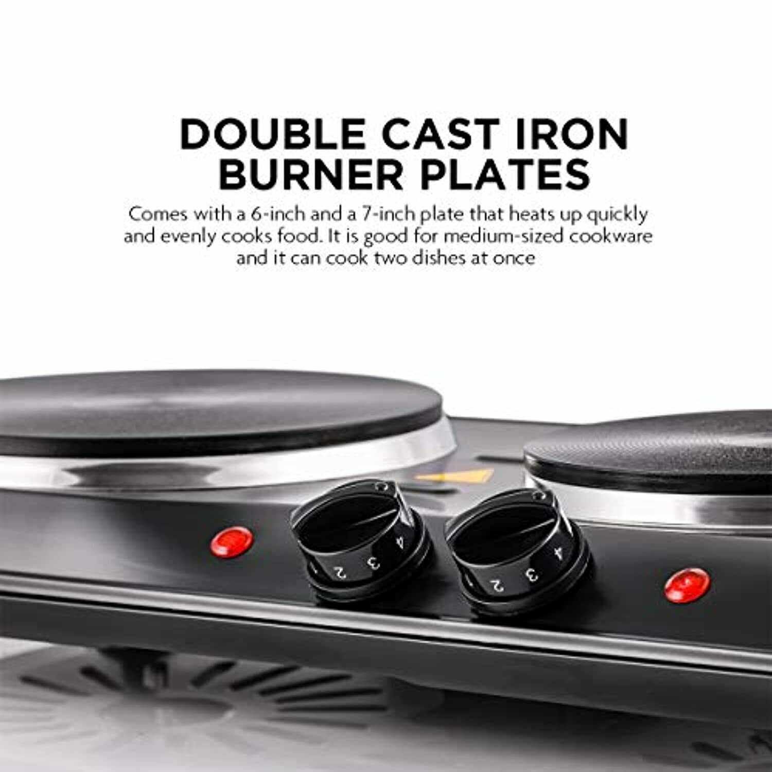 1700W Double Hot Plate Electric Countertop Cast Iron Burner, with 6 & 7 Inch Pla - Fresh Stock Dated January 2026
