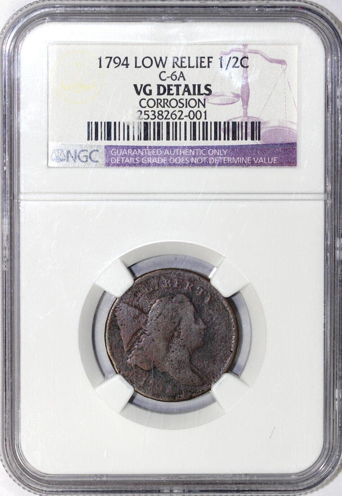 1794 1/2c C-6a Low Relief Liberty Cap Half Cent NGC VG DETAILS CORROSION - Fresh Stock Dated December 2025