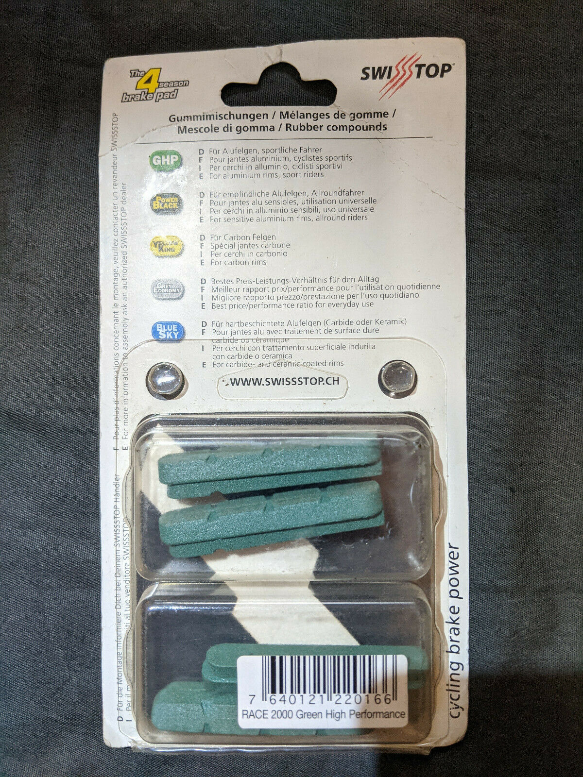 Swiss Stop Race 2000 (Campagnolo 10-spd) GHP (green) 4-season brake pads, set/4 - Fresh Stock Dated December 2025