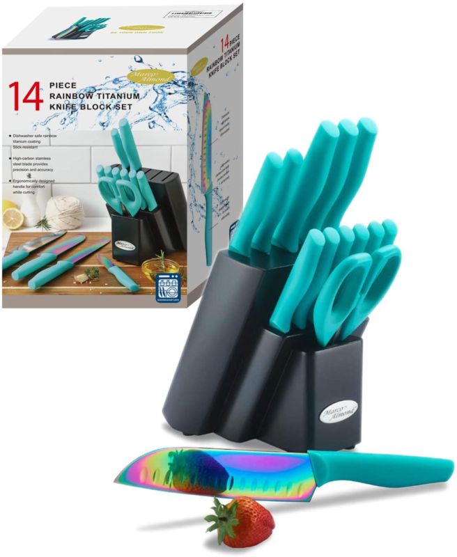 Marco Almond KYA27 Kitchen Knives Set with Wooden Block Rainbow Titanium Coating - Fresh Stock Dated January 2026